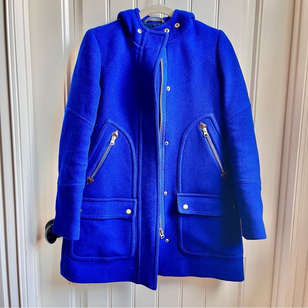J. Crew Vibrant Blue Utility Jacket Wool Hooded Warm Size 0 XS